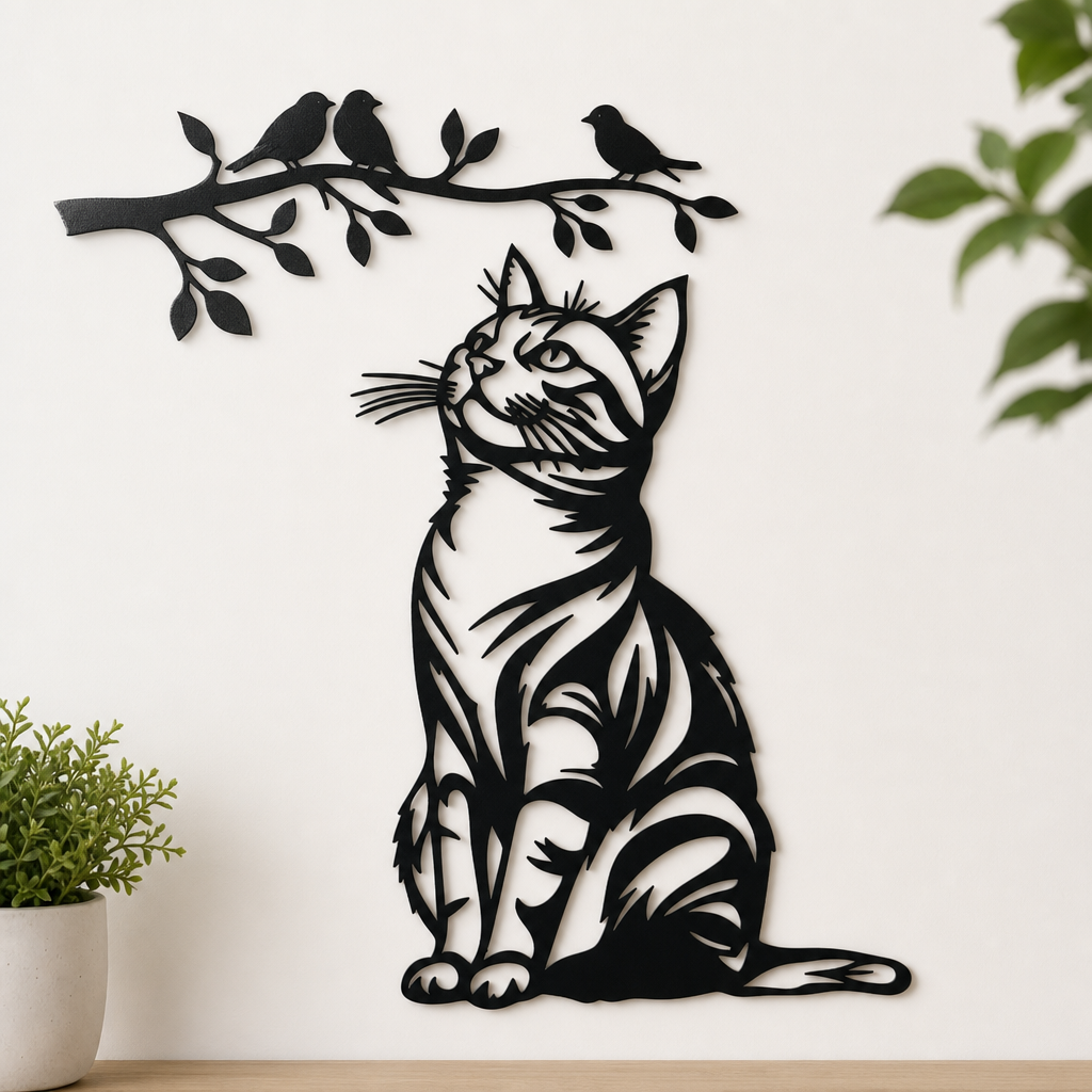 Decoration murale chat noir et oiseaux en metal, mur blanc