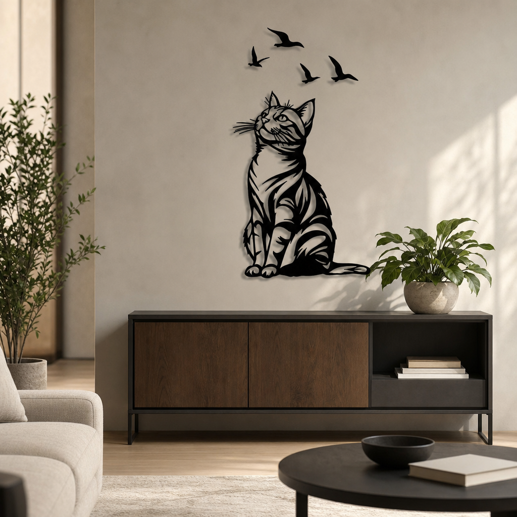 Deco murale chat noir et oiseaux dans un salon