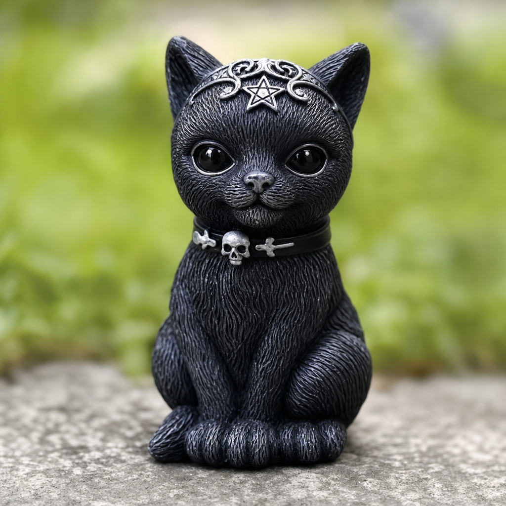 Gros plan sur la figurine chat noir gothique
