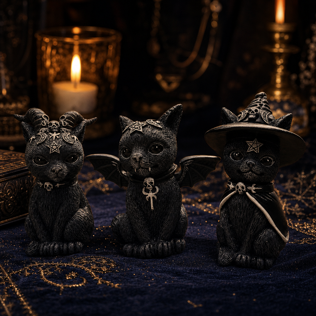 Figurine chat noir gothique sur fond bleu nuit