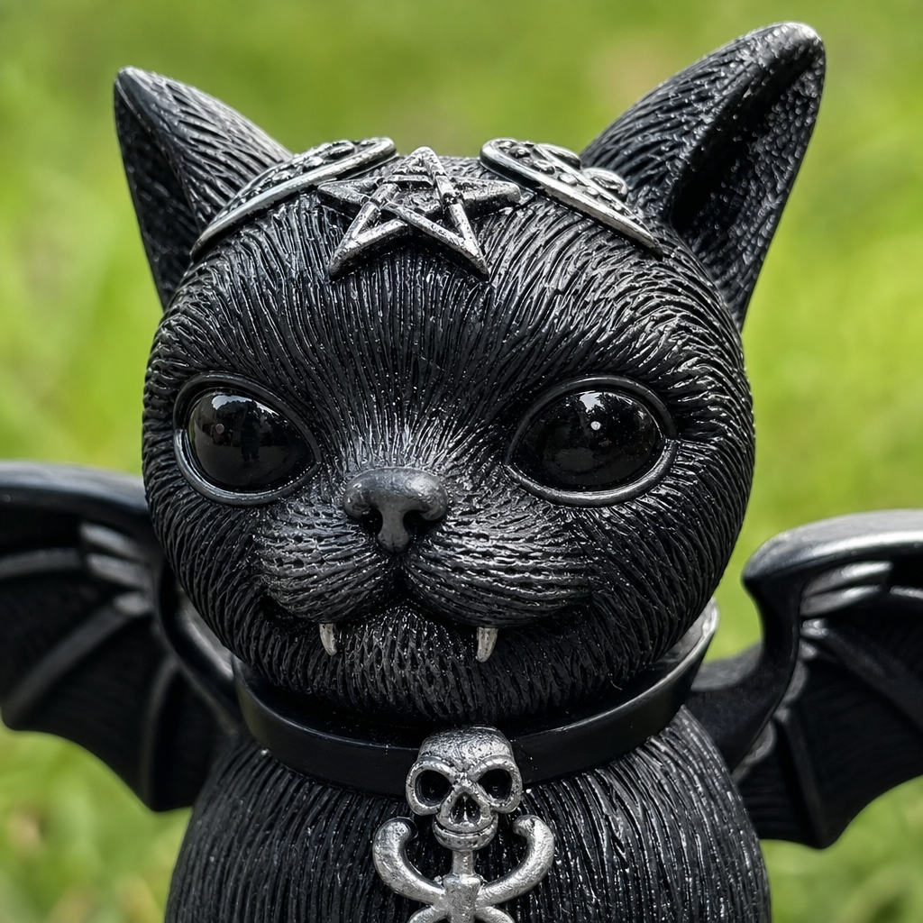 Gros plan sur la figurine chat noir gothique