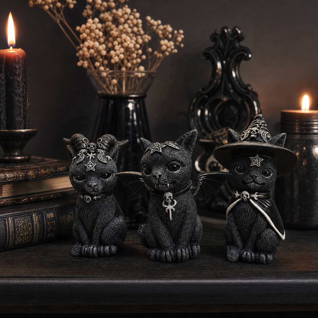 Figurine chat noir gothique sur une etagere avec bougies