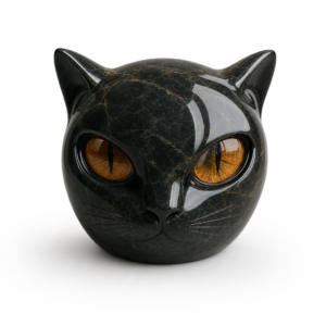 figurine-chat-noir-grands-yeux Figurine chat noir aux grands yeux d ambre, fond blanc