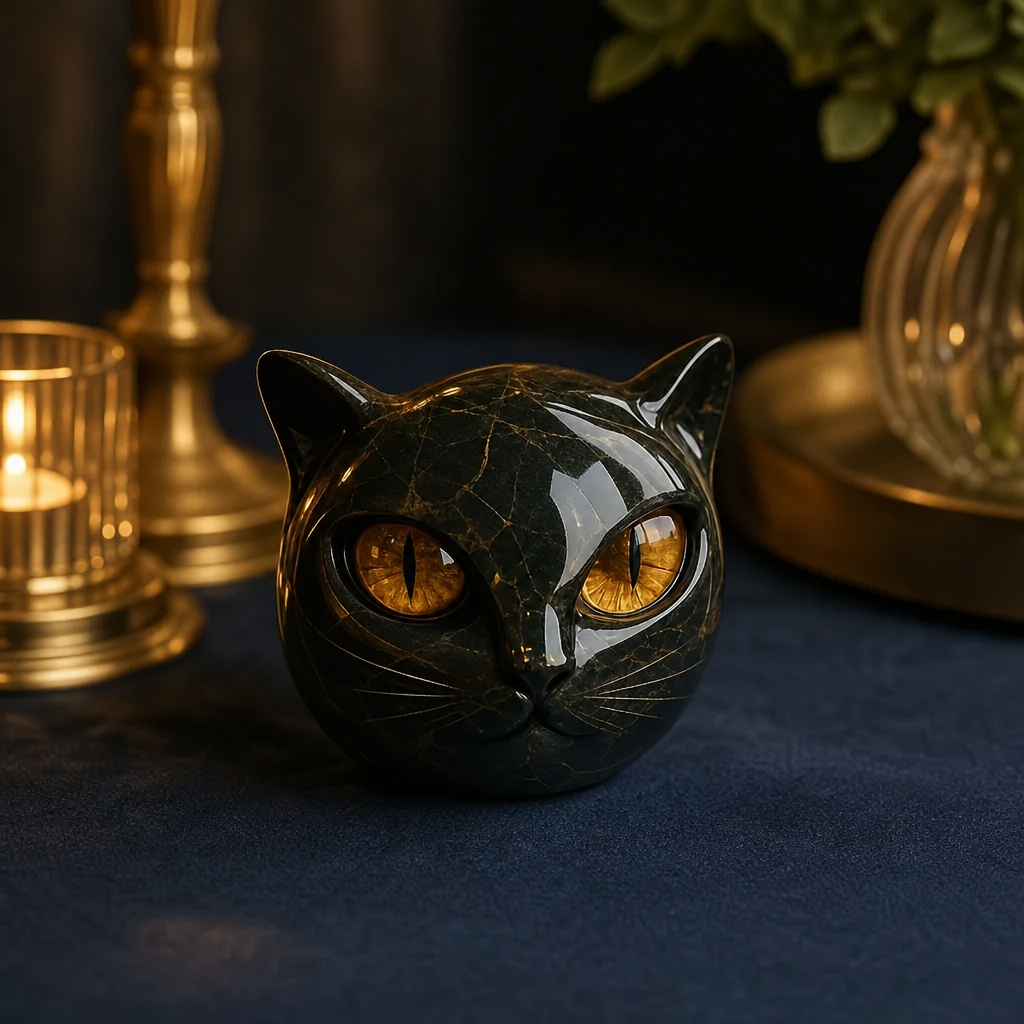 Figurine chat noir sur fond bleu nuit
