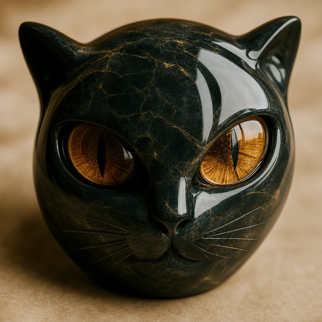 Gros plan sur les grands yeux d ambre de la figurine chat noir