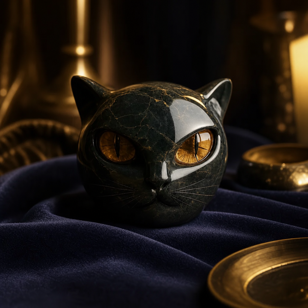 Figurine chat noir sur fond bleu nuit