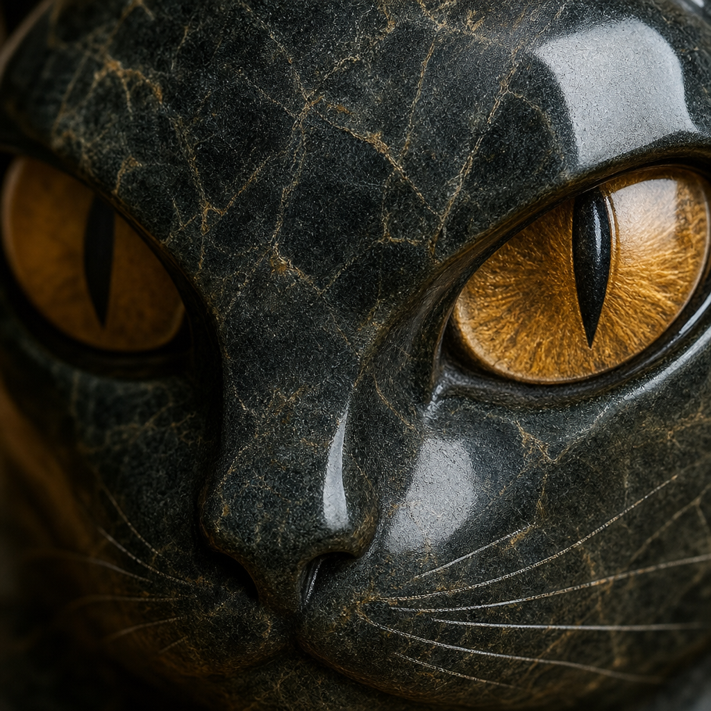 Gros plan sur la matiere pierre de la figurine chat noir
