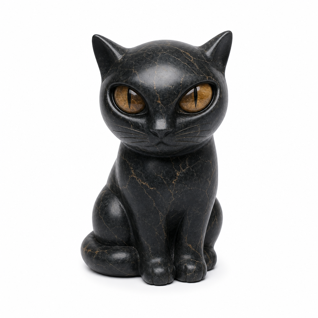 Figurine chat noir effet pierre, fond blanc