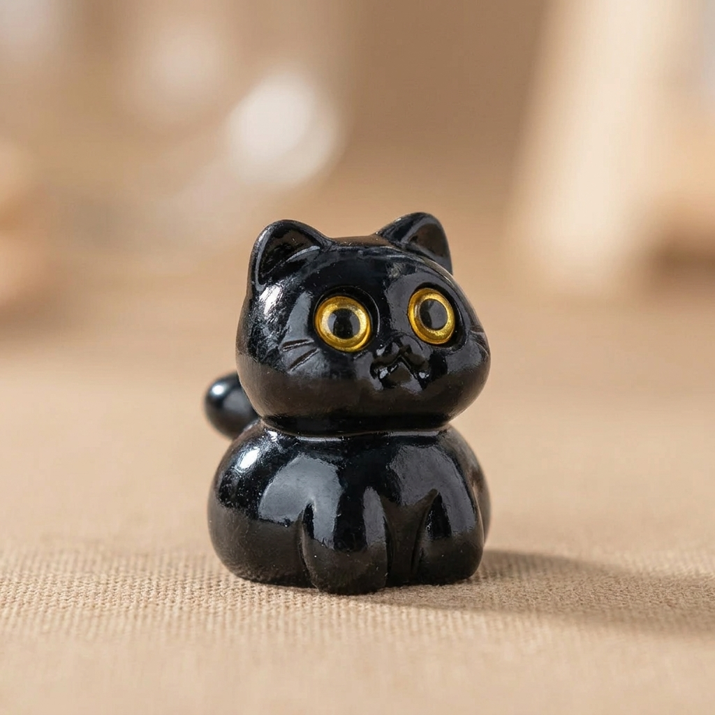 Figurine chat noir en résine, gros plan sur les yeux dorés
