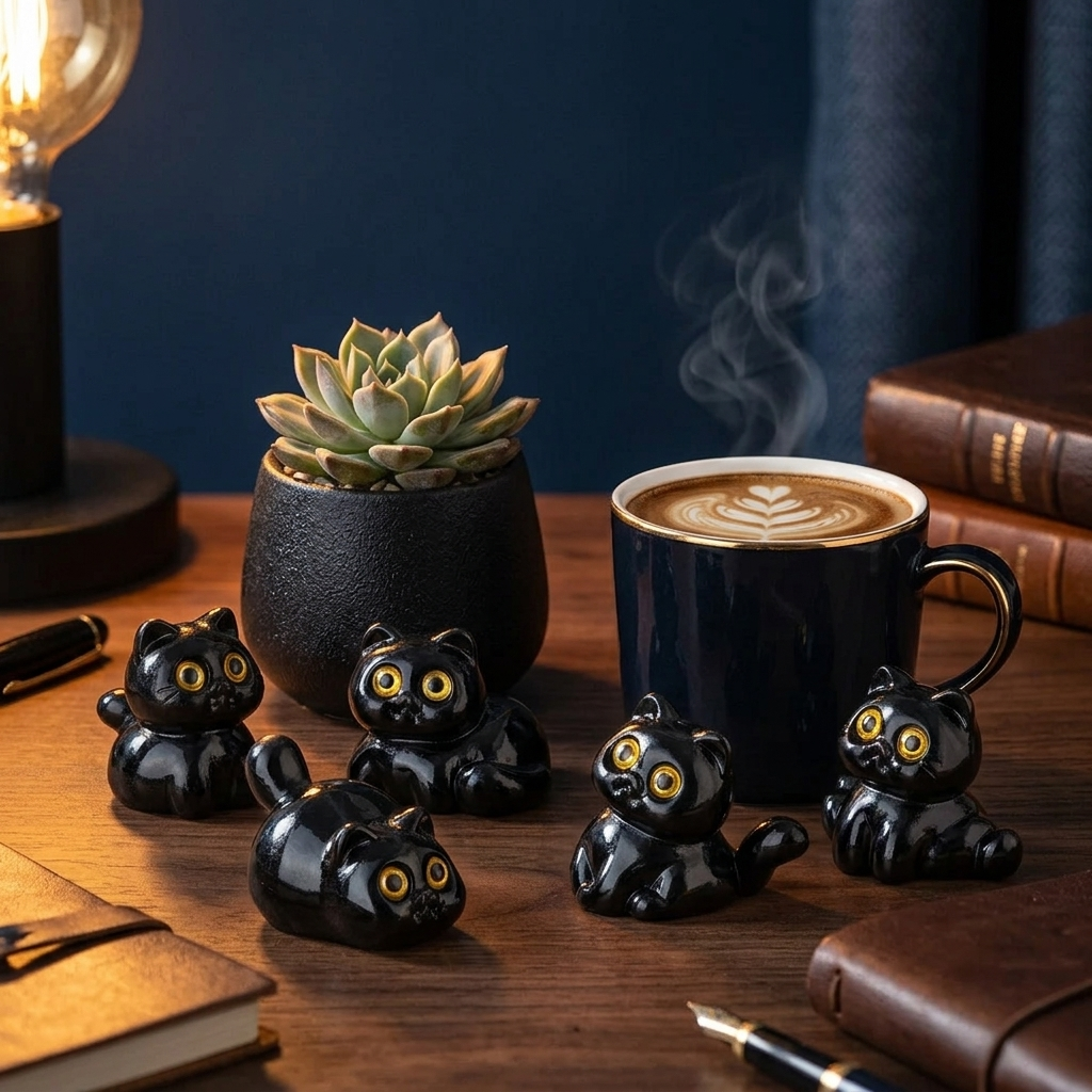 Figurines chat noir en déco de bureau