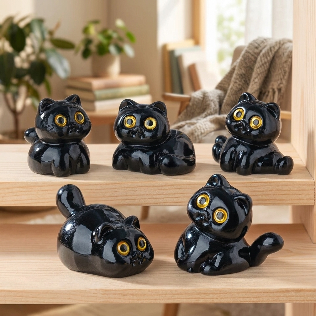Figurines chat noir en déco sur une étagère