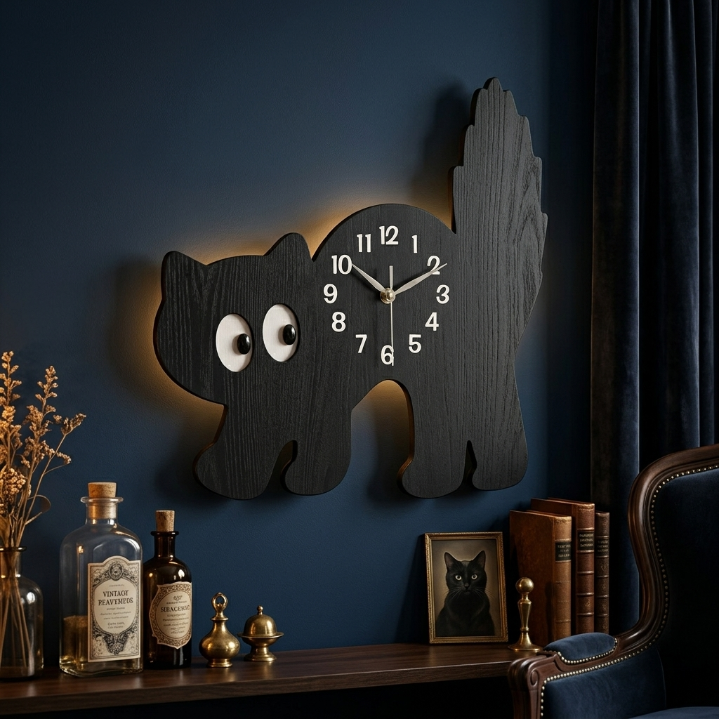 Horloge chat noir sur un mur bleu nuit