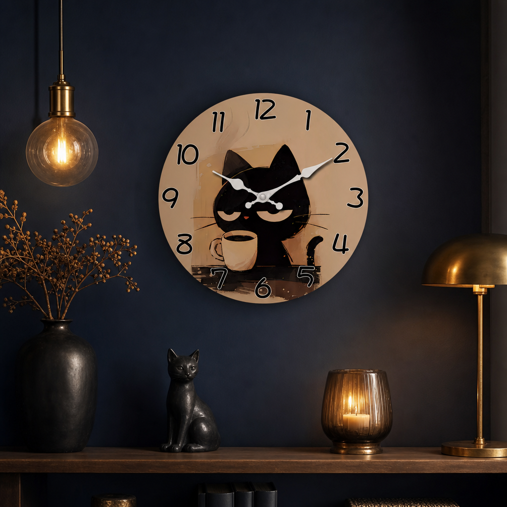 Horloge chat noir mignonne sur mur bleu nuit