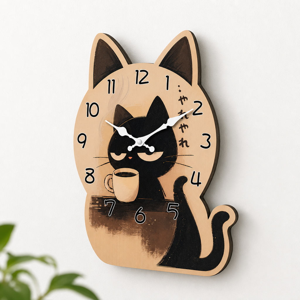 Horloge murale chat noir mignonne en bois, fond blanc