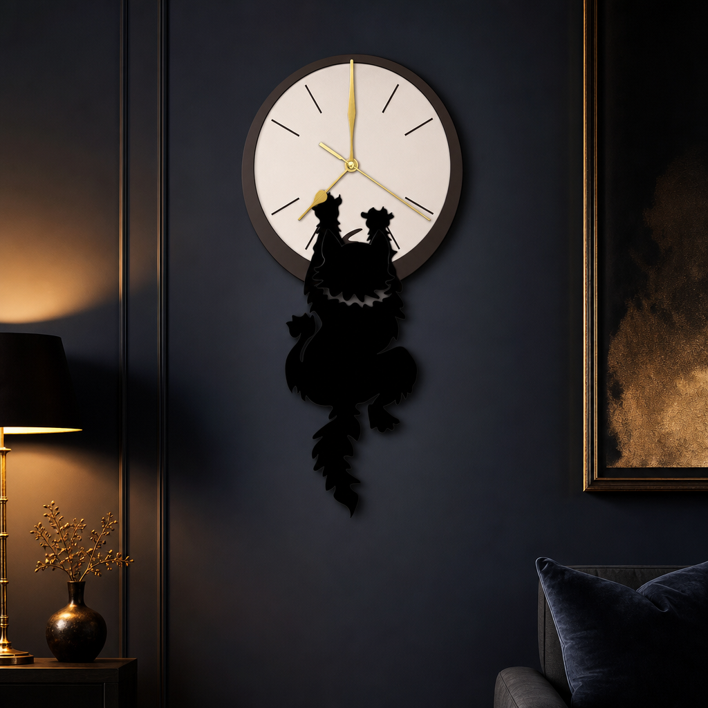 Horloge murale chat noir retro sur mur bleu nuit