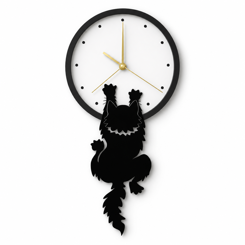 Horloge murale chat noir retro, fond blanc