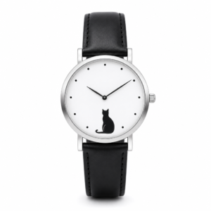 Montre chat noir cadran blanc, fond blanc