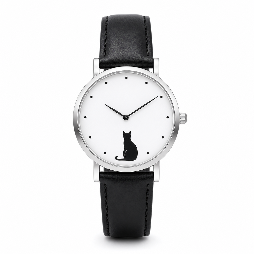 Montre chat noir cadran blanc, fond blanc
