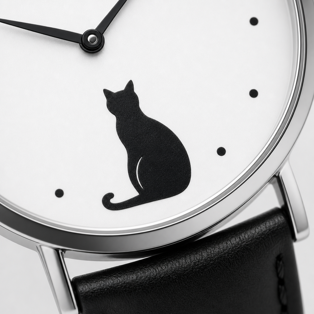 Gros plan sur le cadran de la montre chat noir