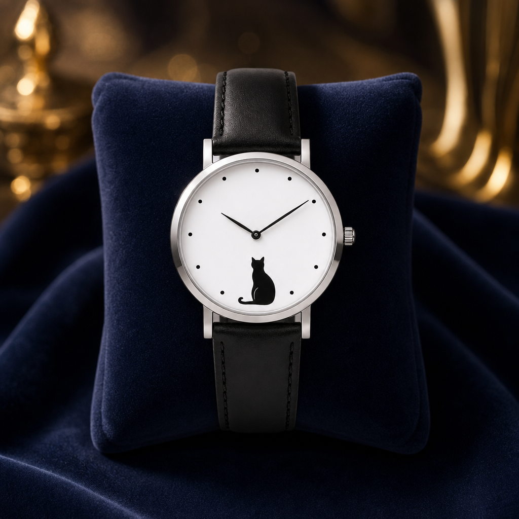 Montre chat noir sur un ecrin bleu nuit
