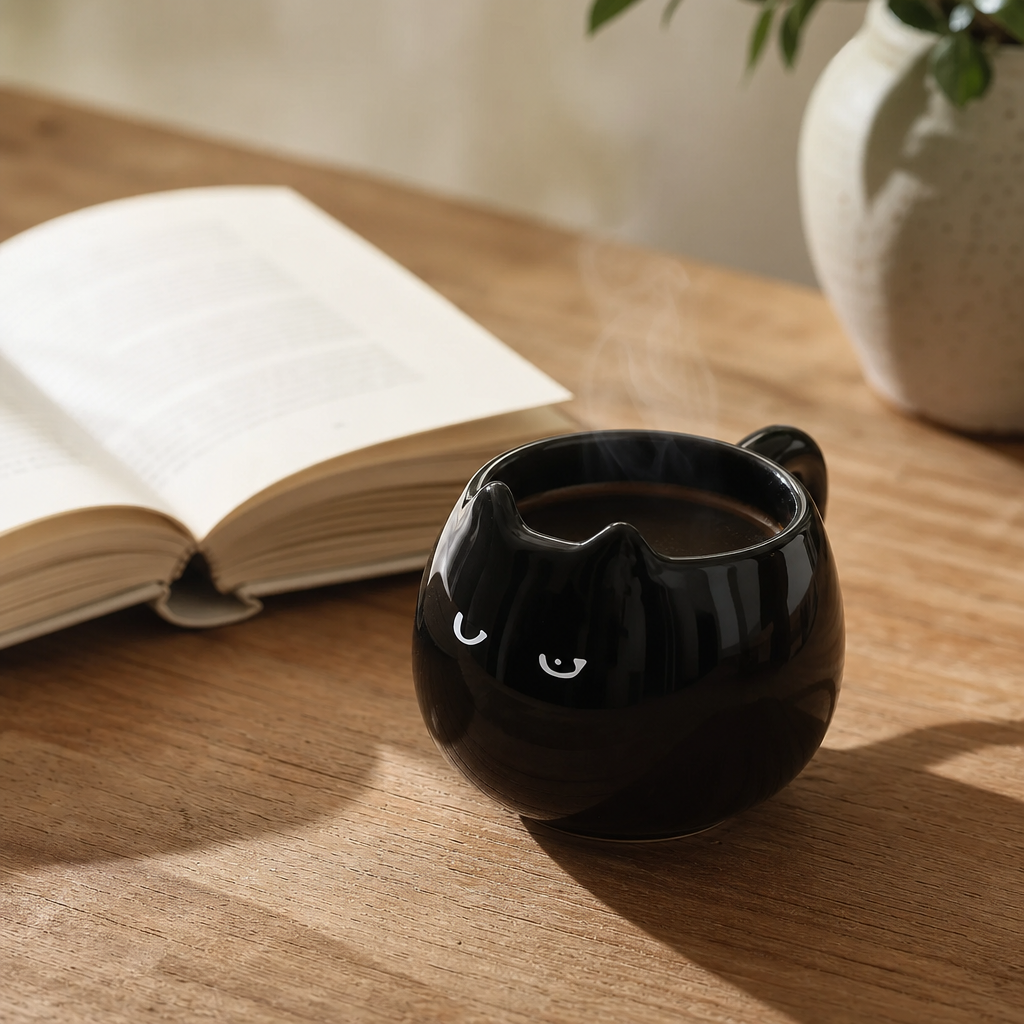 Mug chat noir avec cafe et un livre