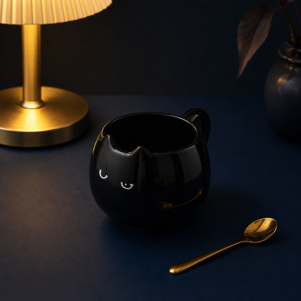 Mug chat noir en ceramique sur table bleu nuit