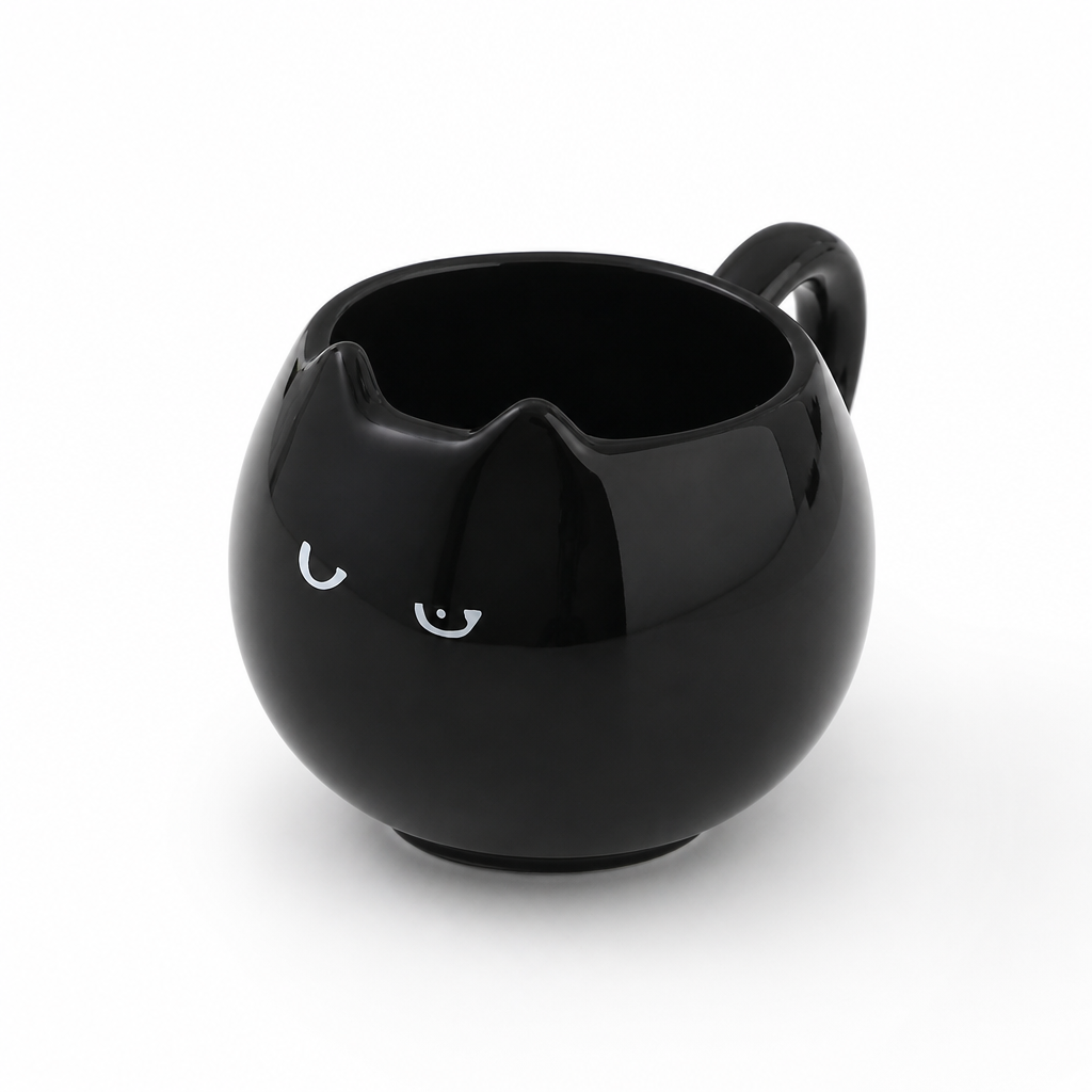 Mug chat noir en ceramique a oreilles, fond blanc