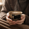 Mug chat noir tenu dans les mains avec du cafe