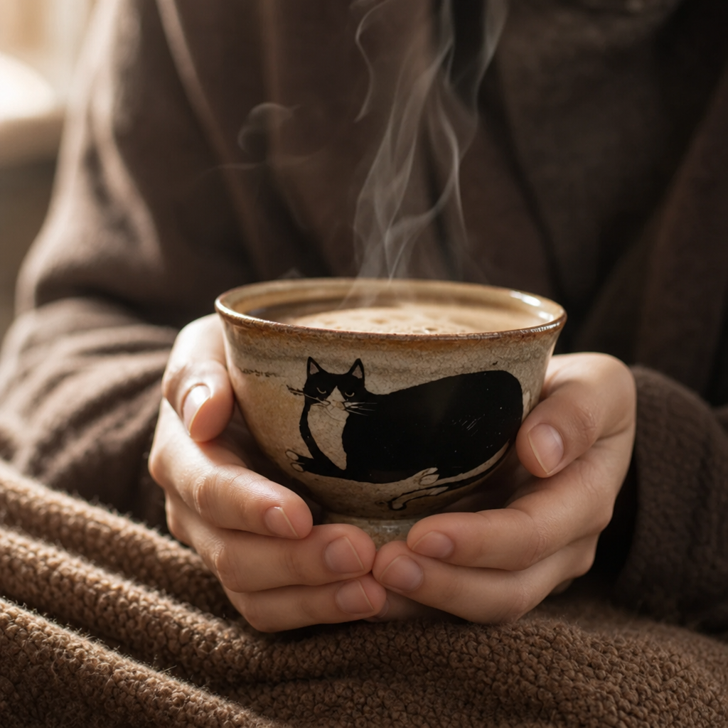 Mug chat noir tenu dans les mains avec du cafe