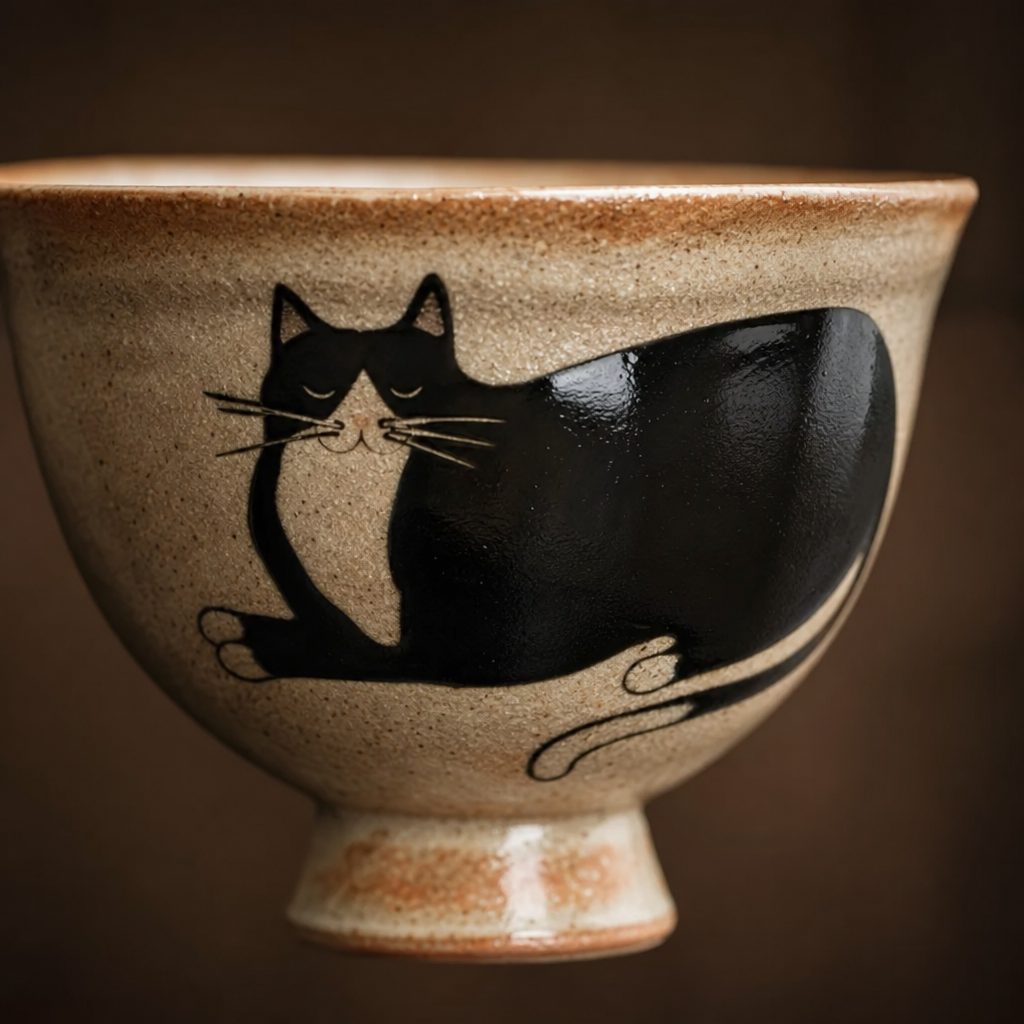 Gros plan sur le motif chat du mug noir