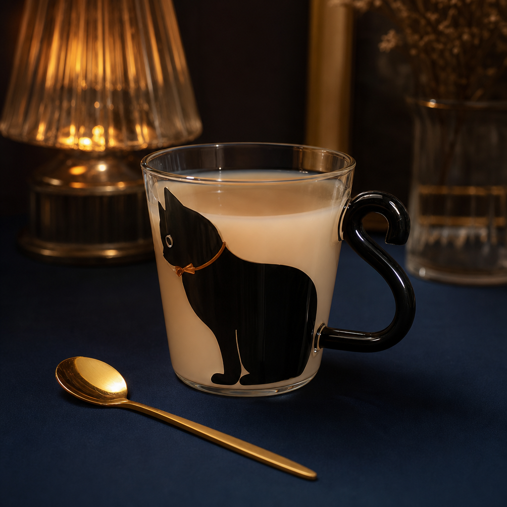Mug chat noir en verre sur une table bleu nuit
