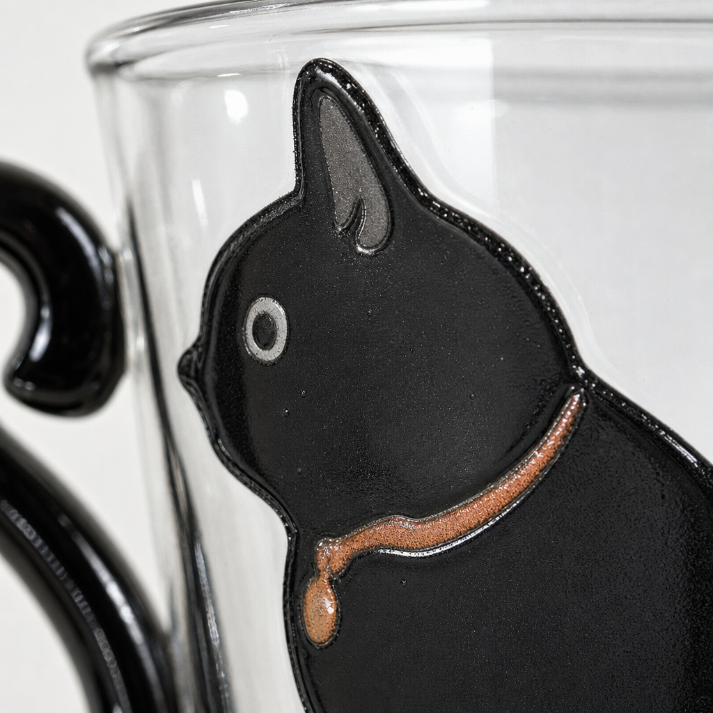 Gros plan sur le chat noir du mug en verre