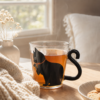 Mug chat noir en verre avec une boisson sur une table