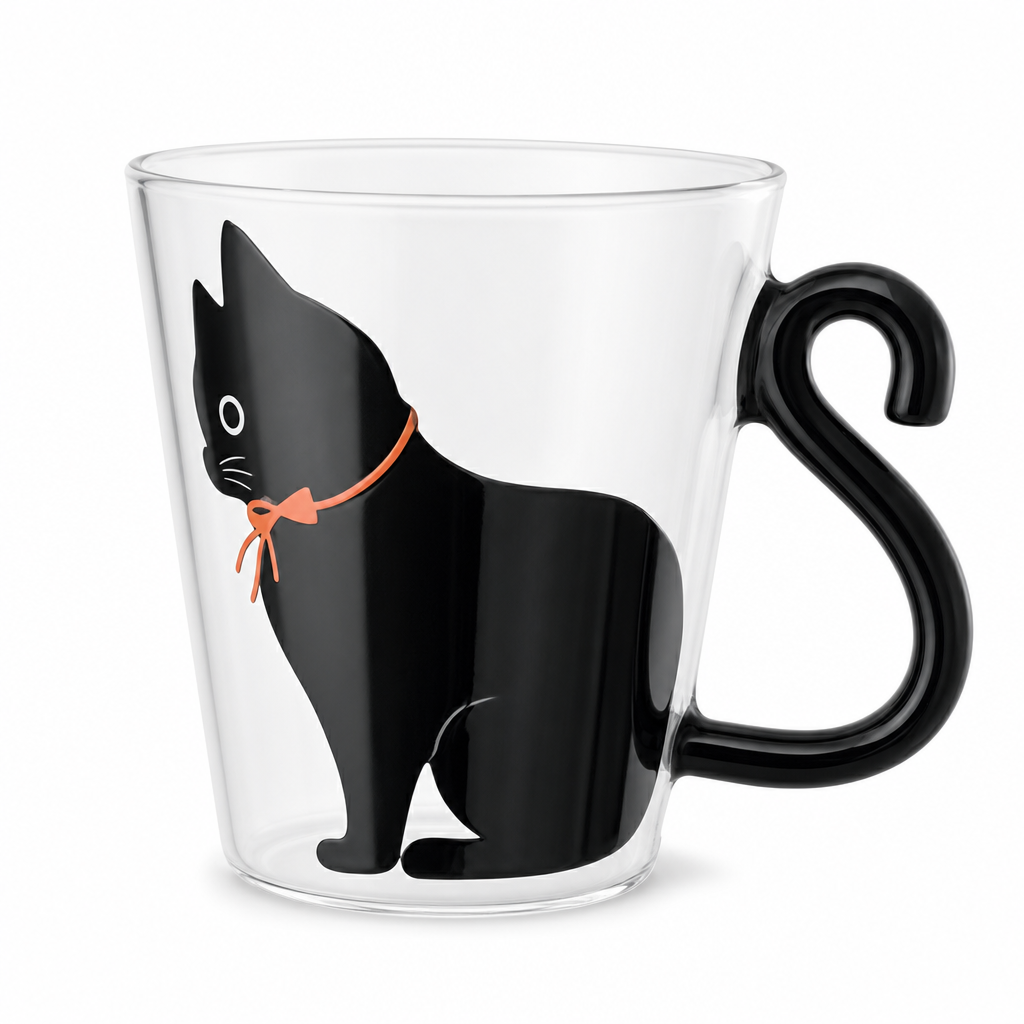 Mug chat noir en verre, fond blanc
