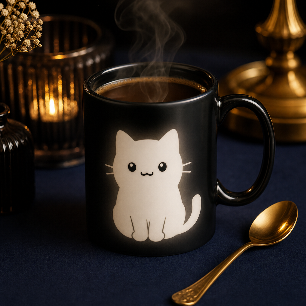 Mug magique chat noir sur une table bleu nuit