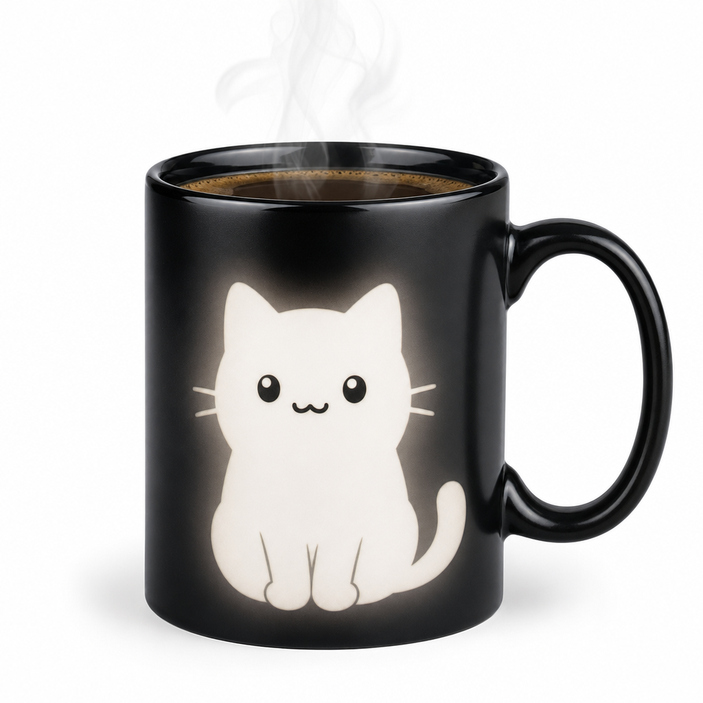 Mug magique chat noir thermoreactif, fond blanc