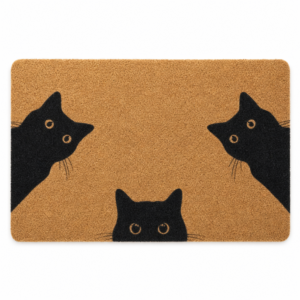 Paillasson chat noir curieux, fond blanc