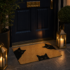Paillasson chat noir curieux devant une porte bleu nuit