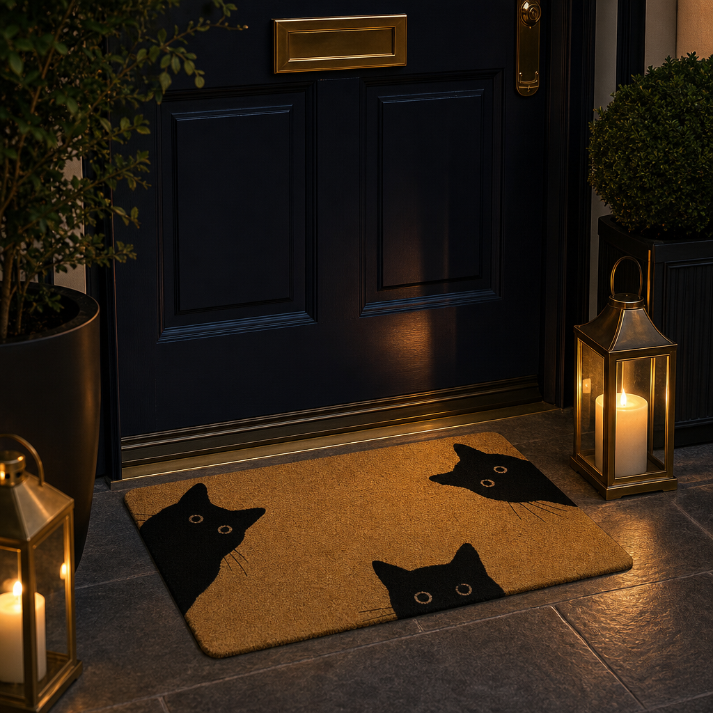 Paillasson chat noir curieux devant une porte bleu nuit