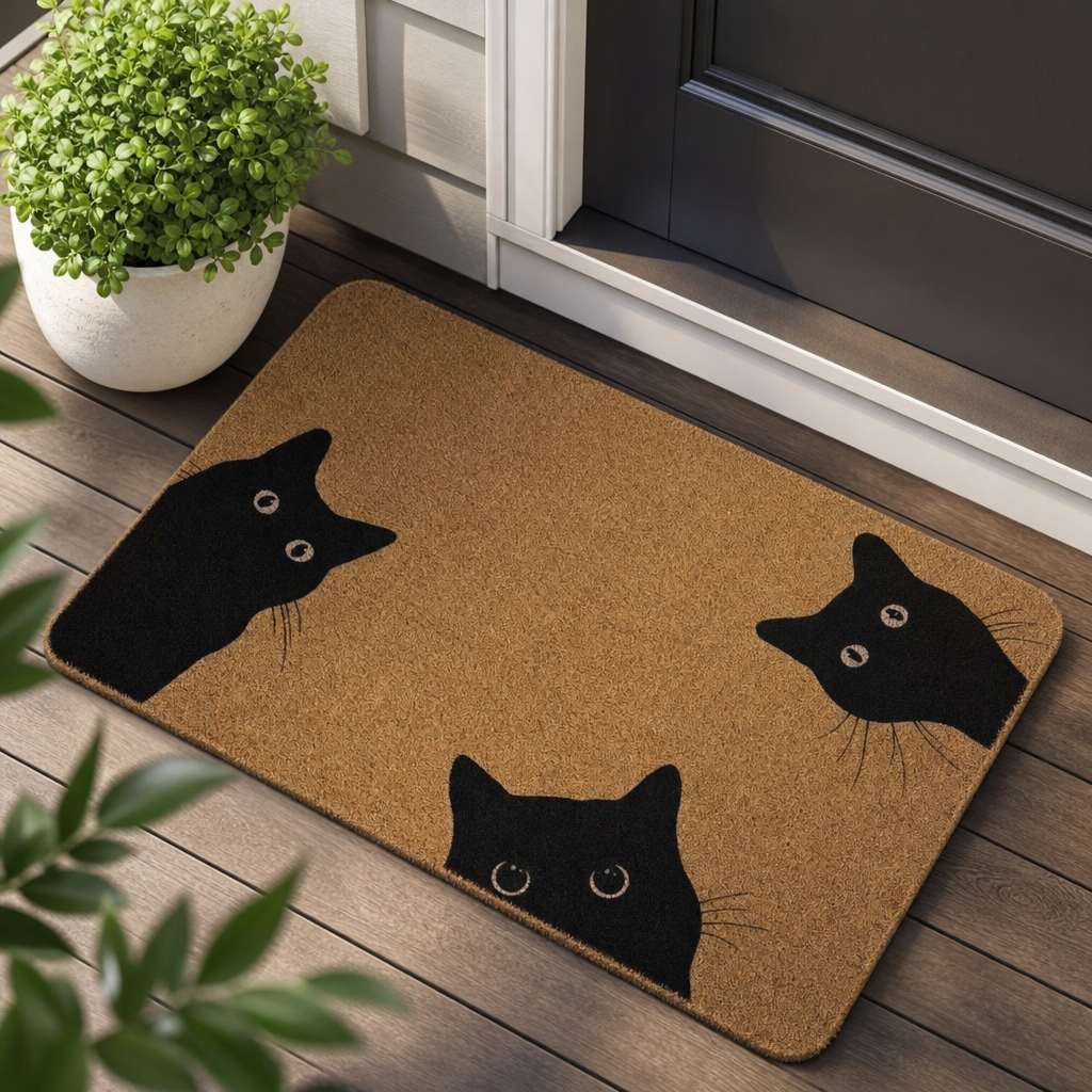 Paillasson chat noir curieux devant une porte d entree