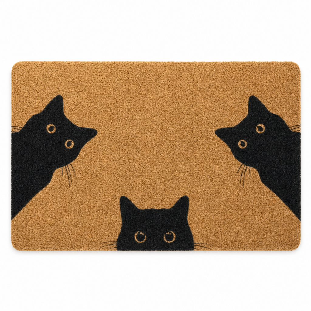 Paillasson chat noir curieux, fond blanc