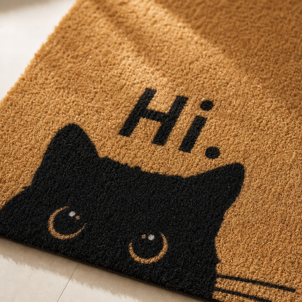 Gros plan sur la fibre du paillasson chat noir