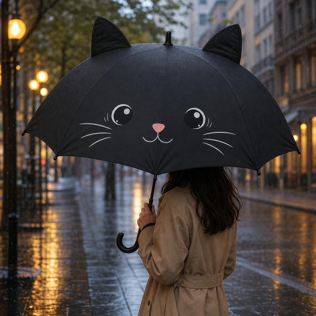 Parapluie chat noir tenu sous la pluie en ville