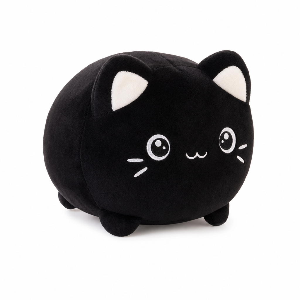 Peluche chat noir kawaii toute douce, fond blanc
