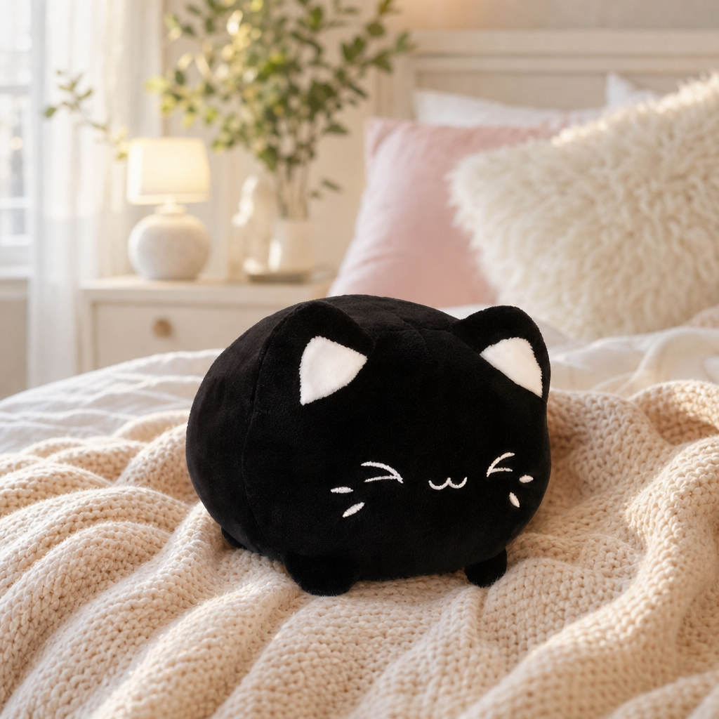 Peluche chat noir kawaii sur un lit cosy
