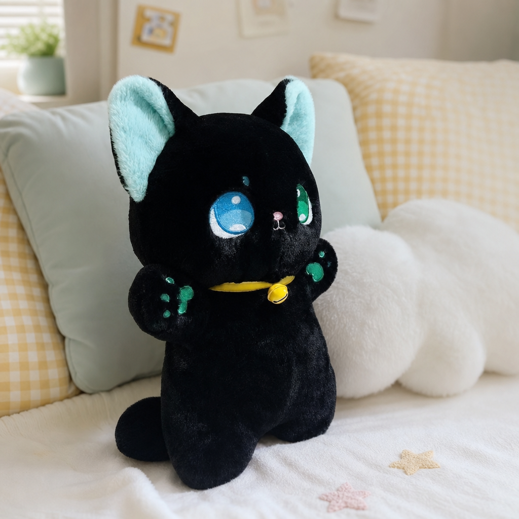 Peluche chat noir posee sur un lit