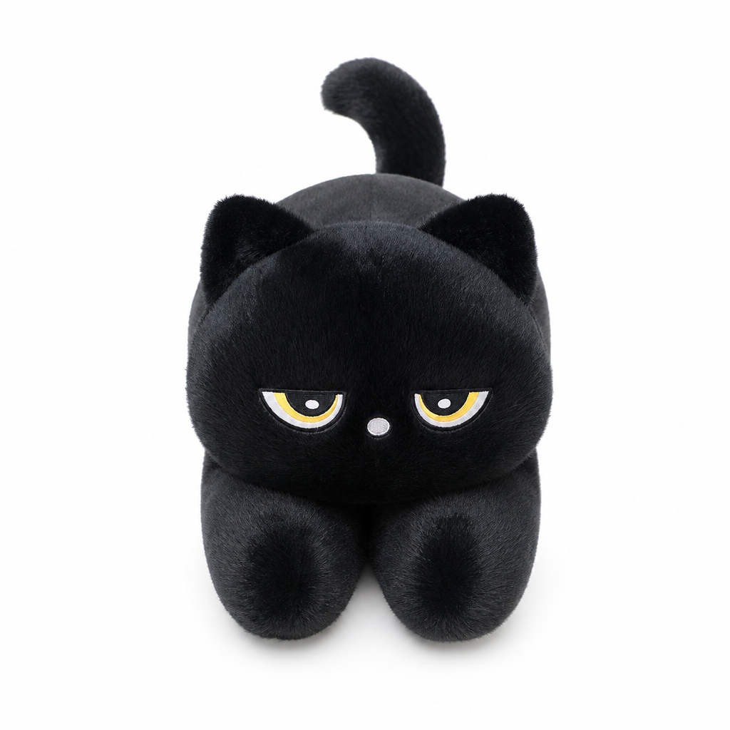Peluche chat noir ronde mignonne, fond blanc