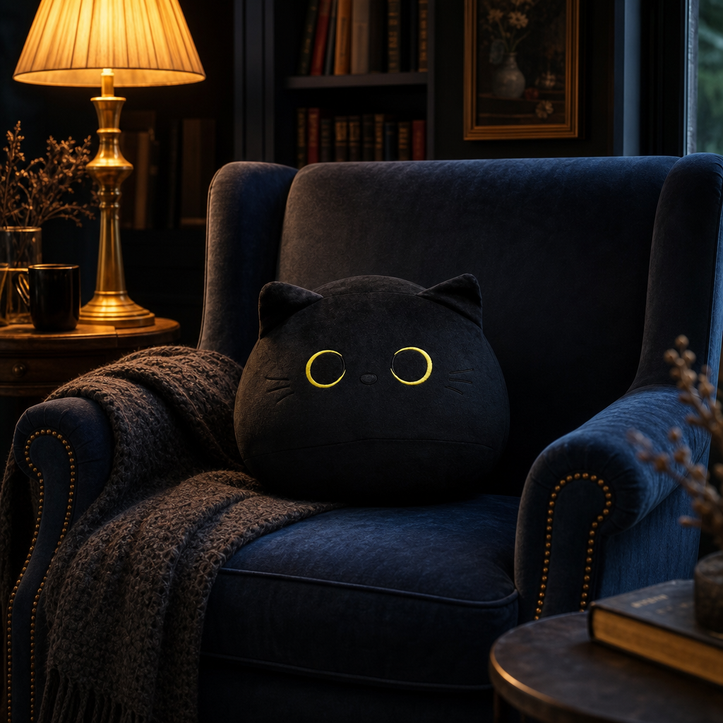 Peluche chat noir ronde sur un fauteuil