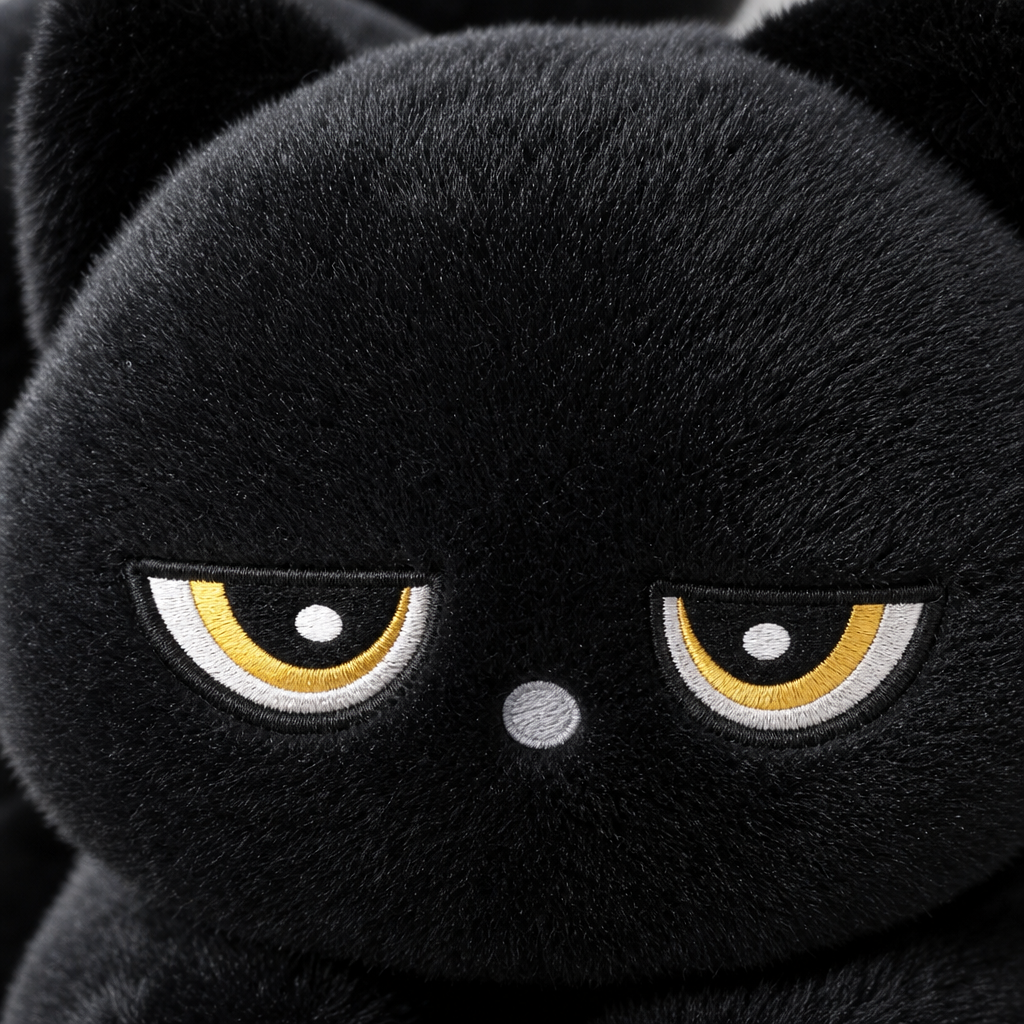 Gros plan sur la frimousse de la peluche chat noir