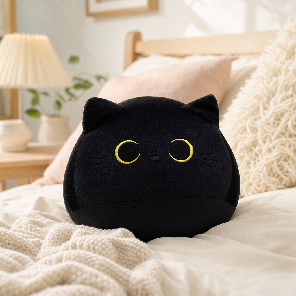 Peluche chat noir ronde sur un lit